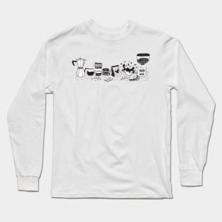 minimal doodle lino cut coffee barista black and white set Long Sleeve T-Shirt